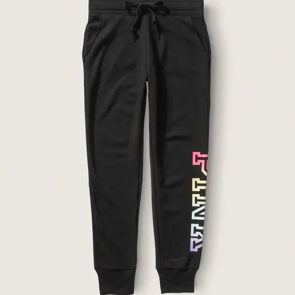 NWT VS PINK EVERYDAY LOUNGE SKINNY JOGGER SWEATPANTS BLACK/RAINBOW LOGO PRINT - Picture 3 of 14